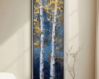 Tall Abstract Golden Birch Tree Canvas Print – Vertical Nature Forest Tree Wall Art