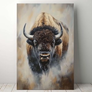 Bison American Buffalo Wall Art, Farmhouse Living Room Art, Man Cave Art, Western Wall Decor, Extra Large Canvas, Vintage Buffalo Print