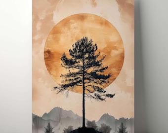 Golden Full Moon with Lone Pine Tree Canvas Wall Art, Nature Inspired Art, Boho Nature Artwork, Serene Landscape Print, Wilderness Art