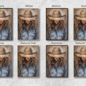 May include: Artwork featuring a portrait of a person wearing a cowboy hat and denim shirt. The artwork is available in various frame colors, including black, white, walnut, gold, silver, natural oak, espresso, and natural wood.