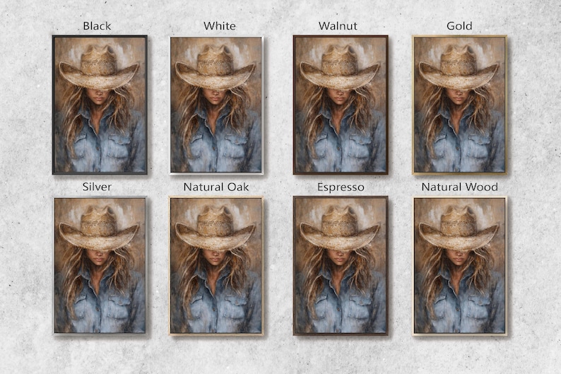 May include: Artwork featuring a portrait of a person wearing a cowboy hat and denim shirt. The artwork is available in various frame colors, including black, white, walnut, gold, silver, natural oak, espresso, and natural wood.