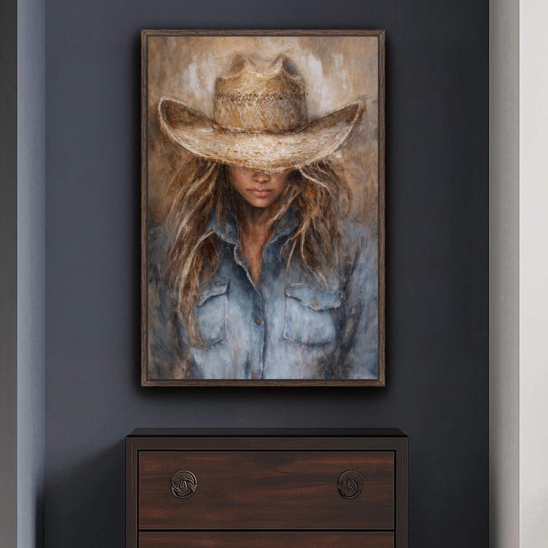 May include: A framed painting of a person wearing a straw cowboy hat and a blue denim shirt. The person's face is partially obscured by the hat's brim. The artwork has a warm, neutral color palette with a focus on texture and detail.
