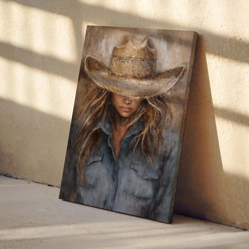 May include: Canvas art print of a person wearing a cowboy hat and denim shirt. The artwork features a neutral color palette with a focus on the subject's face and long hair. The hat is a light brown color, and the shirt is a faded blue.