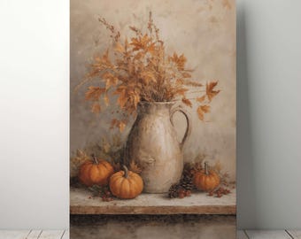 May include: A still-life painting featuring a rustic, off-white pitcher filled with dried, orange-brown foliage. Three small, orange pumpkins and pinecones are arranged on a wooden surface in front of the pitcher, creating a warm, autumnal scene.