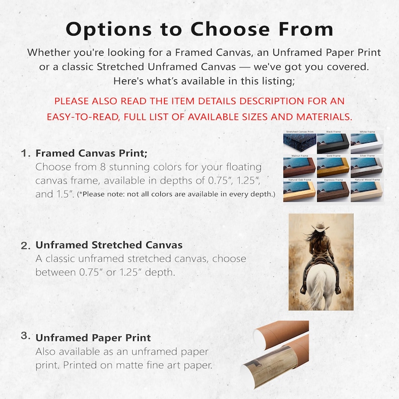 May include: Image showcasing options for art prints, including framed canvas prints in various colors, unframed stretched canvas, and unframed paper prints. Text details sizes and materials available. A painting of a person riding a horse is also shown.