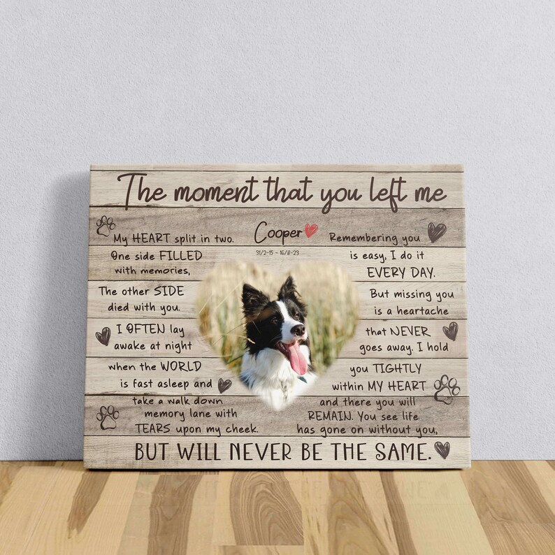 May include: A wooden sign with a black and white border collie dog image and the text "The moment that you left me. My HEART split in two. One side FILLED with memories, The other SIDE died with you. I OFTEN lay awake at night when the WORLD is fast asleep and take a walk down memory lane with TEARS upon my cheek. BUT WILL NEVER BE THE SAME."