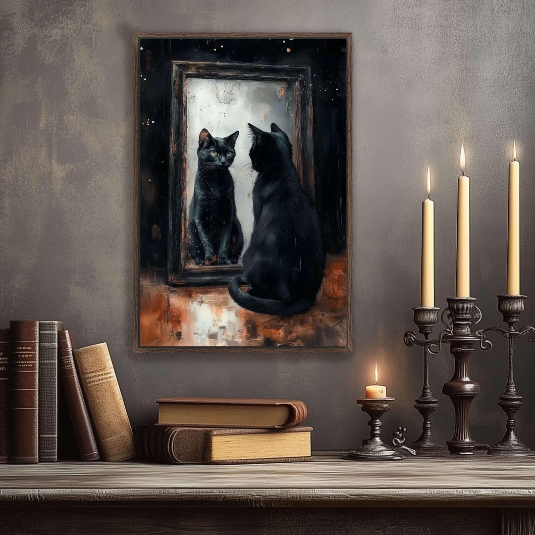 Moody Black Cat Art Print, Black Cat Dark Academia, Gothic Wall Art ...