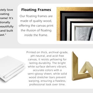 May include: A close-up of a floating frame with a white canvas print. The frame is made of wood and has a gold finish. The canvas is stretched over a wooden stretcher bar. The text "Floating Frames" is visible in the image. Our floating frames are made of quality wood, offering the canvas print the illusion of floating inside the frame.