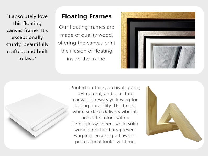 May include: A close-up of a floating frame with a white canvas print. The frame is made of wood and has a gold finish. The canvas is stretched over a wooden stretcher bar. The text "Floating Frames" is visible in the image. Our floating frames are made of quality wood, offering the canvas print the illusion of floating inside the frame.
