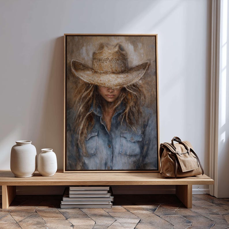 May include: A framed painting of a person wearing a cowboy hat and denim shirt. The artwork has a neutral color palette with a focus on the subject's face and long hair. The painting is displayed above a wooden bench with vases and a bag.