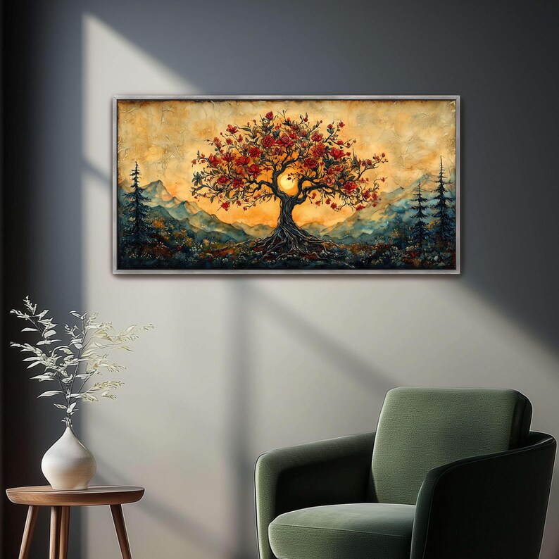 Tree of Life wall art with deep roots, red blossoms, and a glowing sun over mountain landscapes. Perfect for boho, spiritual, and mystical decor. A symbolic, earthy, and grounding nature print for your home, office, or meditation space!