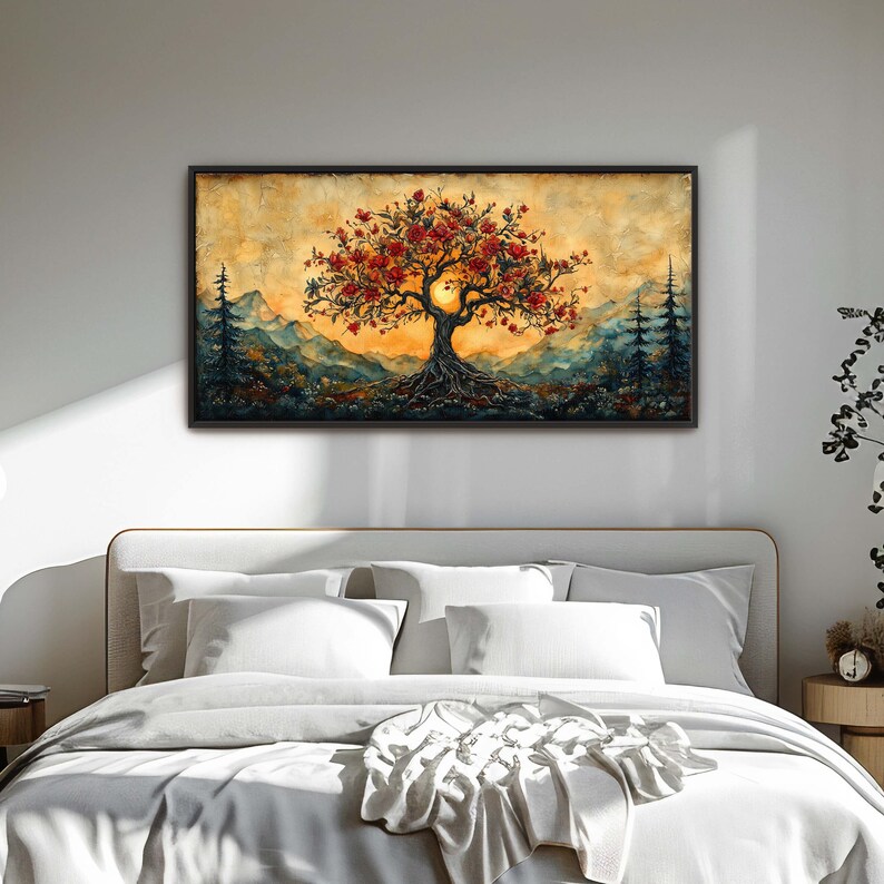 Tree of Life wall art with deep roots, red blossoms, and a glowing sun over mountain landscapes. Perfect for boho, spiritual, and mystical decor. A symbolic, earthy, and grounding nature print for your home, office, or meditation space!