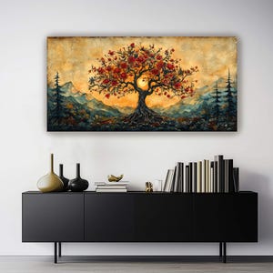 Tree of Life wall art with deep roots, red blossoms, and a glowing sun over mountain landscapes. Perfect for boho, spiritual, and mystical decor. A symbolic, earthy, and grounding nature print for your home, office, or meditation space!