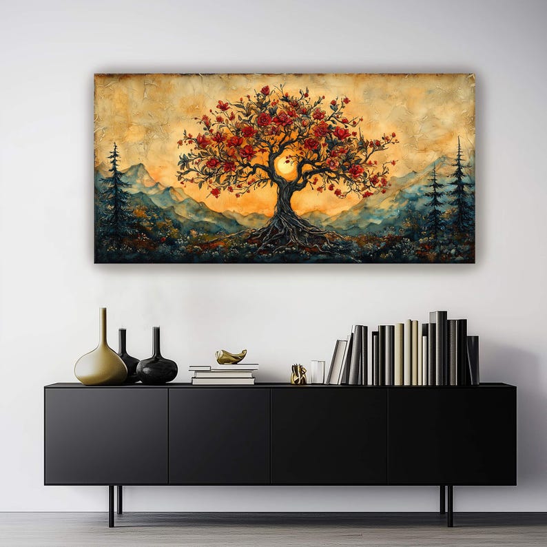 Tree of Life wall art with deep roots, red blossoms, and a glowing sun over mountain landscapes. Perfect for boho, spiritual, and mystical decor. A symbolic, earthy, and grounding nature print for your home, office, or meditation space!