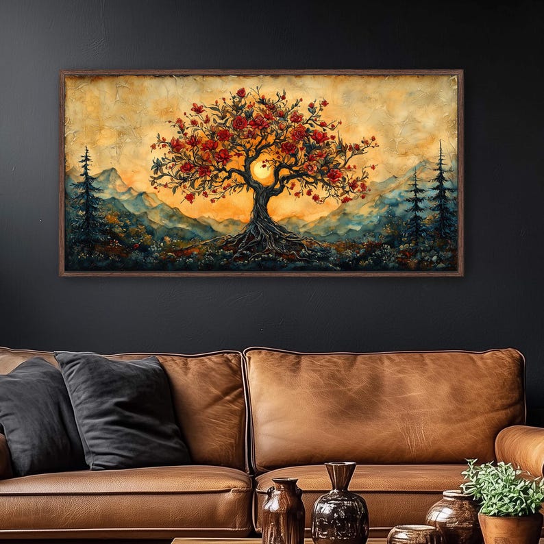Tree of Life wall art with deep roots, red blossoms, and a glowing sun over mountain landscapes. Perfect for boho, spiritual, and mystical decor. A symbolic, earthy, and grounding nature print for your home, office, or meditation space!