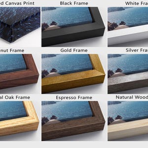 May include: A comparison of different framing options for a canvas print. The options include stretched canvas, black frame, white frame, walnut frame, gold frame, silver frame, natural oak frame, espresso frame, and natural wood frame.