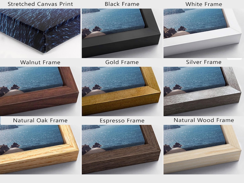 May include: A comparison of different framing options for a canvas print. The options include stretched canvas, black frame, white frame, walnut frame, gold frame, silver frame, natural oak frame, espresso frame, and natural wood frame.