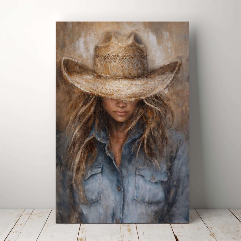 May include: Oil painting of a person wearing a straw cowboy hat and a blue denim shirt. The person's face is partially obscured by the hat's brim. Long, flowing, light brown hair frames the face, with a neutral background.