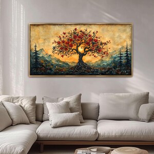 Tree of Life wall art with deep roots, red blossoms, and a glowing sun over mountain landscapes. Perfect for boho, spiritual, and mystical decor. A symbolic, earthy, and grounding nature print for your home, office, or meditation space!