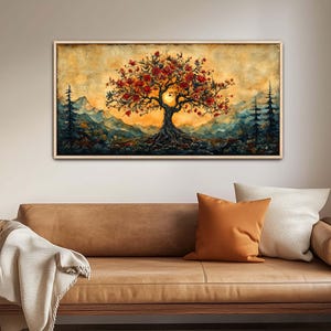 Tree of Life wall art with deep roots, red blossoms, and a glowing sun over mountain landscapes. Perfect for boho, spiritual, and mystical decor. A symbolic, earthy, and grounding nature print for your home, office, or meditation space!