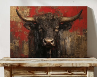 Rustic Dark Bull Canvas Portrait - Western Farmhouse Rang Style Print