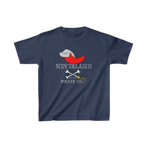 May include: A navy blue t-shirt featuring a white graphic of a pirate hat, crossed bones, and the text "Neverland Pirate Co. Est. 1902".
