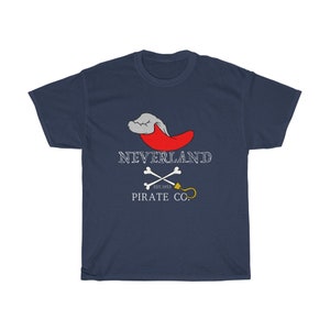 May include: Navy blue t-shirt featuring a white graphic of a red pirate hat, crossed bones, and the text "Neverland Pirate Co. Est. 1953."