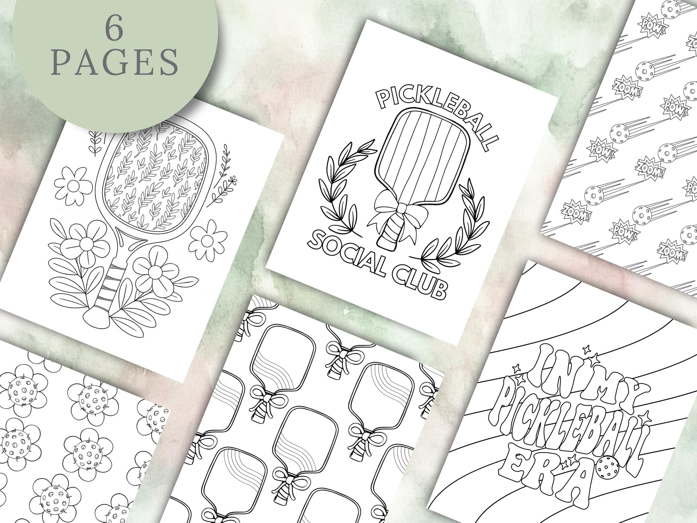 Pickleball Coloring Pages For Adults and Teens, 6 Printable PDFs, Girly Preppy Aesthetic