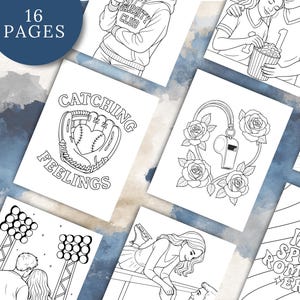 May include: A collection of 16-page coloring book pages with sports-themed illustrations. The pages feature line art of couples, sports equipment, and phrases like "Catching Feelings" and "In My Sports Romance Era."