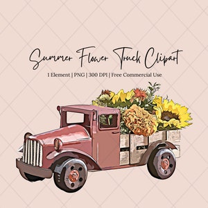 Bloem vrachtwagen clipart | Vintage vrachtwagen PNG | Vrachtwagen met zomerbloemen | Gratis commercieel gebruik