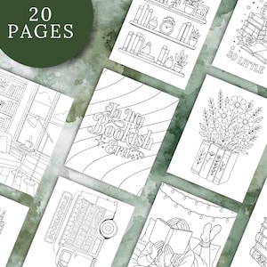 Puede incluir: Una colección de páginas para colorear con ilustraciones temáticas de libros. Las páginas presentan imágenes de estanterías, montones de libros y citas como "In My Bookish Era" y "So Little Time". La portada dice "20 Páginas".