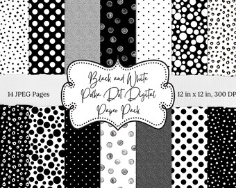 May include: A digital paper pack with 14 black and white polka dot patterns. The patterns are in various sizes and arrangements. The text "Black and White Polka Dot Digital Paper Pack" is in a white banner with a black border.