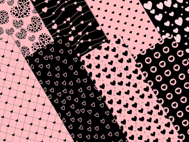 Pink and Black Hearts Digital Paper: Valentine's Day Patterns (digital ...
