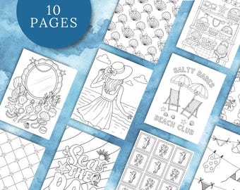 Coastal Coquette Coloring Pages, Adult Coloring Book PDF, Girly Summer Aesthetic Beachcore