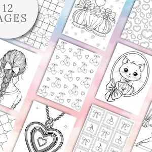May include: A collection of 12 colouring pages featuring black and white line art illustrations. Designs include a person with a braided hairstyle, a cat in an oval frame, a heart-shaped pendant, cherries, bows, flowers, and various heart patterns.