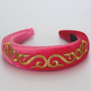 Fuschia Pink Velvet Padded Headband With Gold Scroll