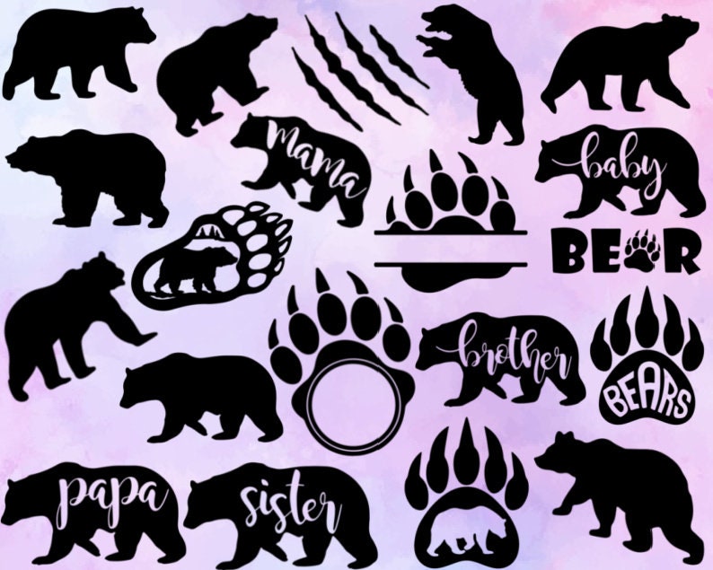 May include: Black and white silhouette images of bears with text that says "mama bear", "baby bear", "brother bear", "papa bear", "sister bear", and "bear" with paw prints and claw marks.