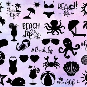 May include: A collection of black and white beach-themed SVG cut files. The designs include a starfish, a sun, an umbrella, an octopus, a seashell, a whale, a crab, a beach ball, a cocktail, a pair of sunglasses, a swimsuit, and the text "Beach Life".