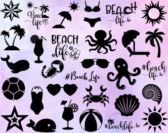 May include: A collection of black and white beach-themed SVG cut files. The designs include a starfish, a sun, an umbrella, an octopus, a seashell, a whale, a crab, a beach ball, a cocktail, a pair of sunglasses, a swimsuit, and the text "Beach Life".