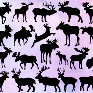 May include: Silhouettes of various deer and elk in black against a watercolor background of pink, purple, and blue.