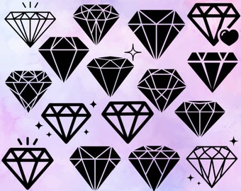 May include: A set of 16 black diamond illustrations on a pink and purple watercolor background. The diamonds are various sizes and shapes.