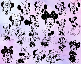 ミニーマウス SVG バンドル、ミニー SVG、ミニーマウスのアウトライン、誕生日、クリップアート、クリカット シルエットのカット ファイル、PNG、PDF、EPS、SVG