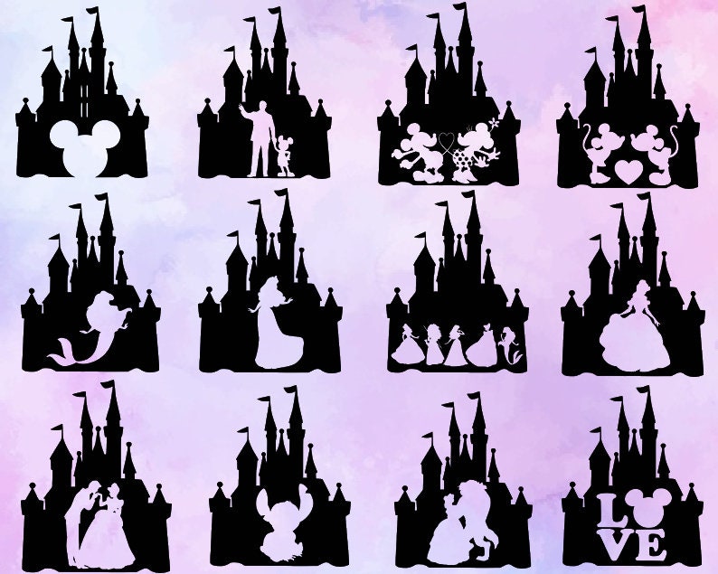 May include: A set of 10 black and white silhouette images of Disney characters in front of a castle. The characters include Mickey Mouse, Minnie Mouse, Ariel, Belle, Cinderella, Snow White, Stitch, and the Beast.