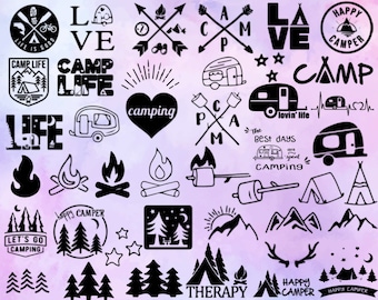 Puede incluir: Una colección de ilustraciones en blanco y negro con temática de camping. Las ilustraciones incluyen una caravana, una fogata, una tienda de campaña, una cordillera, un corazón con la palabra "camping" dentro, y las palabras "Camp Life", "Happy Camper", "Let's Go Camping" y "Terapia".