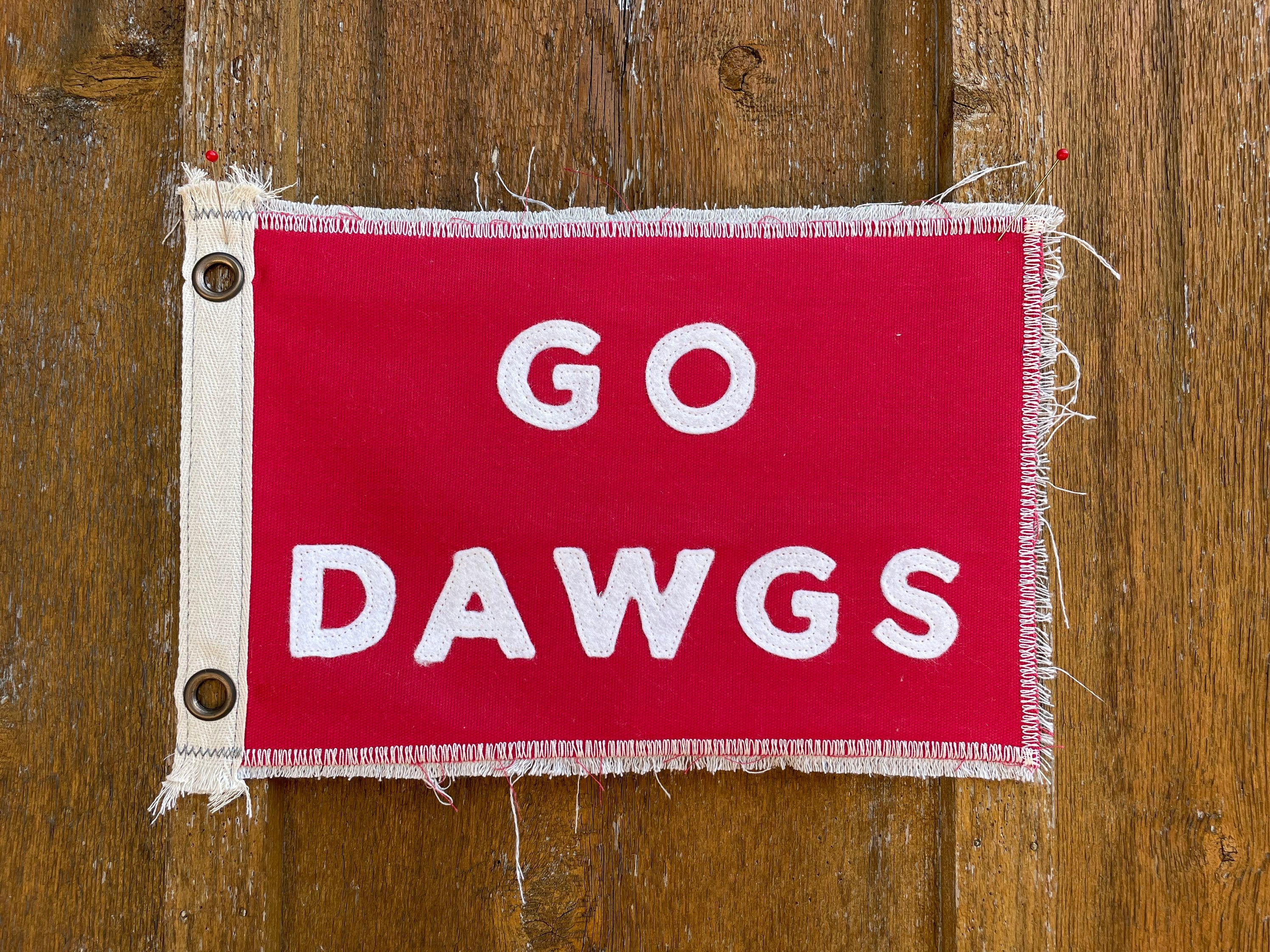 Vintage inspired University of Georgia camp flag red fabric, white letters and banner handmade Go Bulldogs Athens Go Dawgs UGA