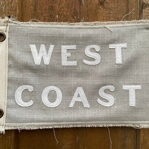 Vintage Inspired pennant camp flag West Coast upcycled recycled beach flag  California Florida surf get outside pipeline swell linen grey