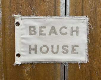 Vintage inspired BEACH HOUSE camp flag cream and beige Summer home Beach decor coastal home east west coast surf