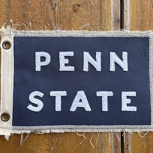 Vintage inspired Penn State camp flag blue and white colored banner handmade Nittany Lions Pennsylvania we are