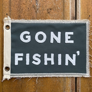 Lake Life Summer Home Gone Fishin’ — Canvas Felt Camp Flag, Lake House Wall Decor