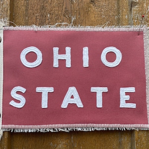 Vintage inspired OHIO STATE camp flag red, white letters and white stitching  banner handmade Go Buckeyes Columbus Go Bucks